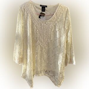 Lauren Michelle Ivory Crochet Lace semi shear tunic with lining Handkerchief hem